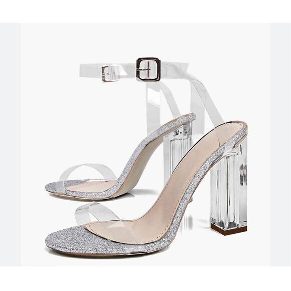 PrettyLittleThings Size 4UK = US6 Silver Clear strappy ankle High Heels - Picture 2 of 9